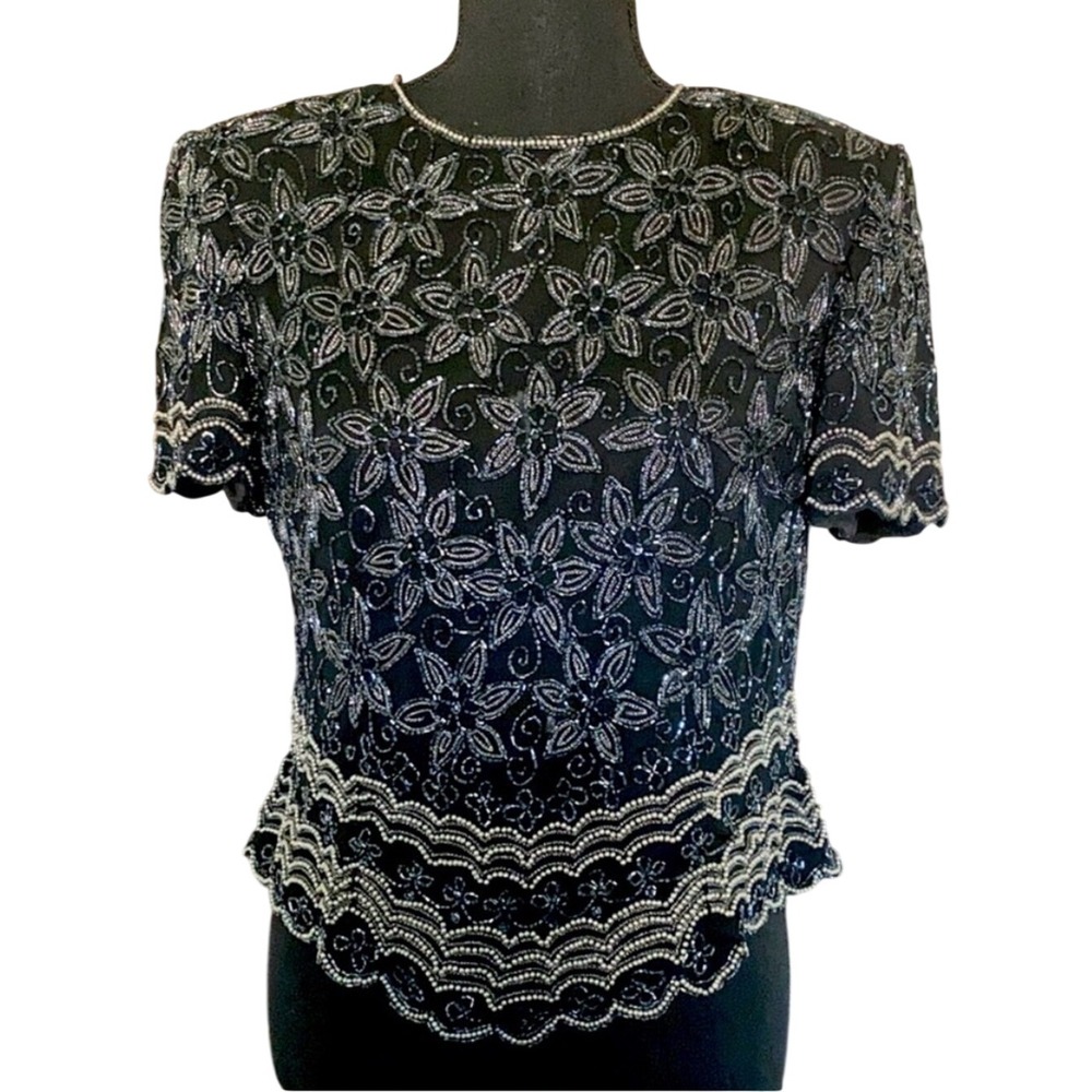 Vintage Papell Boutique Silk Evening Top with Beaded Floral Embroidery Size PM